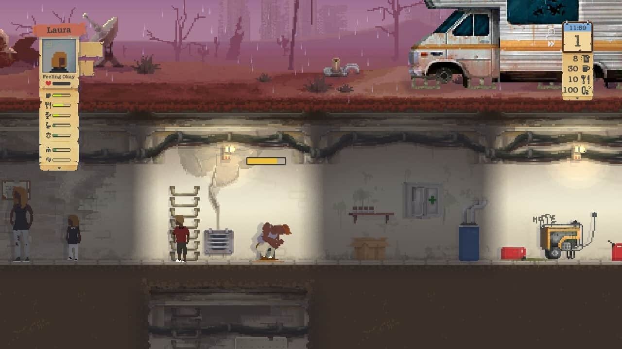 Sheltered game screenshot, bucket toilet