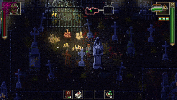Lovecraft's Untold Stories game animated GIF, rainy graveyard