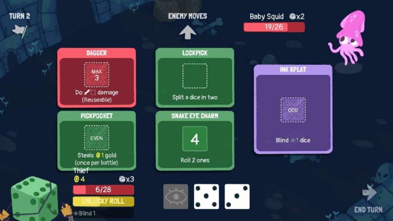 Dicey Dungeons combat screenshot - baby squid