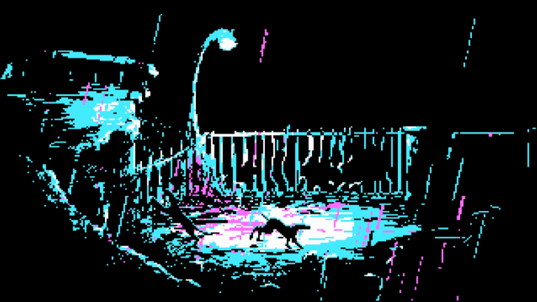 Eternal Castle screenshot - a neon blue and magenta vaporwave wasteland featuring an aggressiive mongrel dog