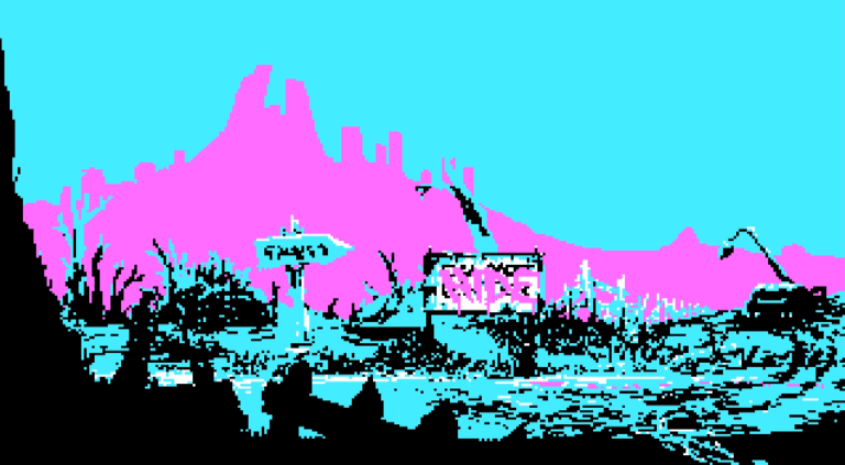 Eternal Castle screenshot - a neon blue and magenta vaporwave wasteland