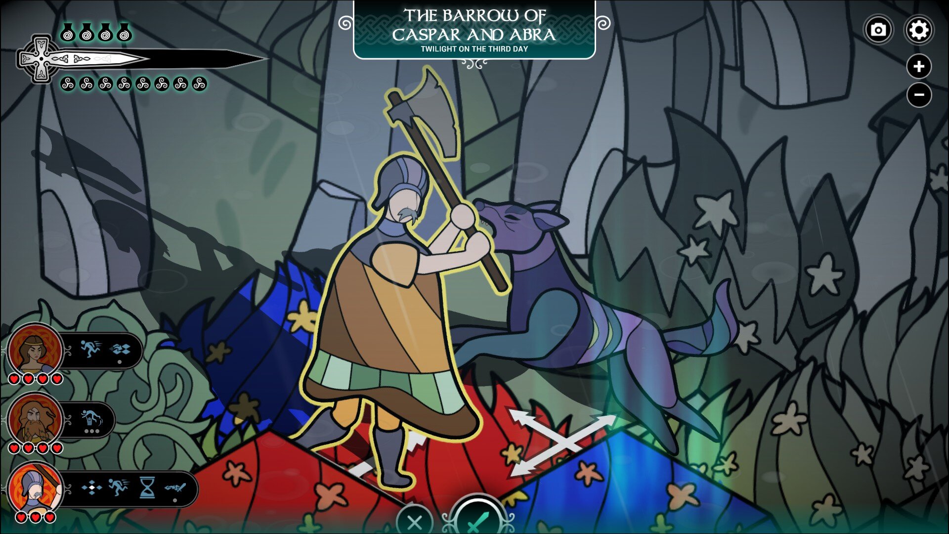 Pendragon game screenshot, knight and wolf