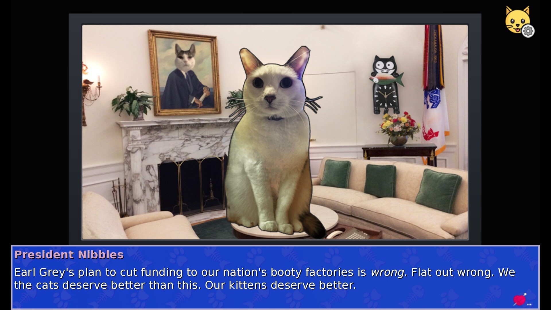 Cat President 2: Purrlitical Revolution game screenshot, presidential speech