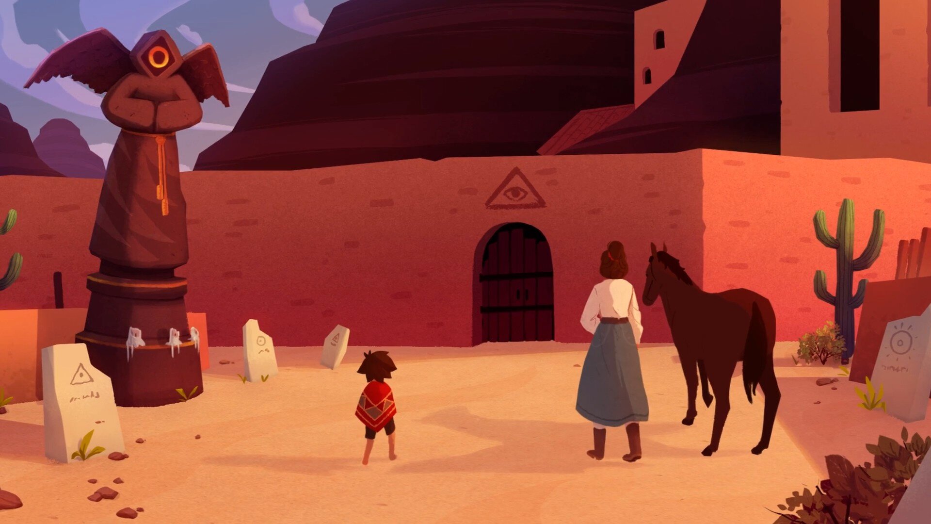 El Hijo - A Wild West Tale game screenshot, arriving at the monastery (cut-scene)