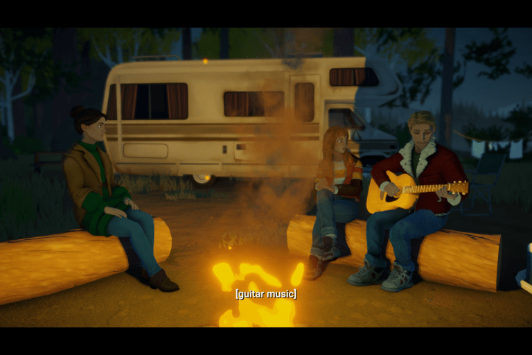 Lake screenshot of people around a campfire